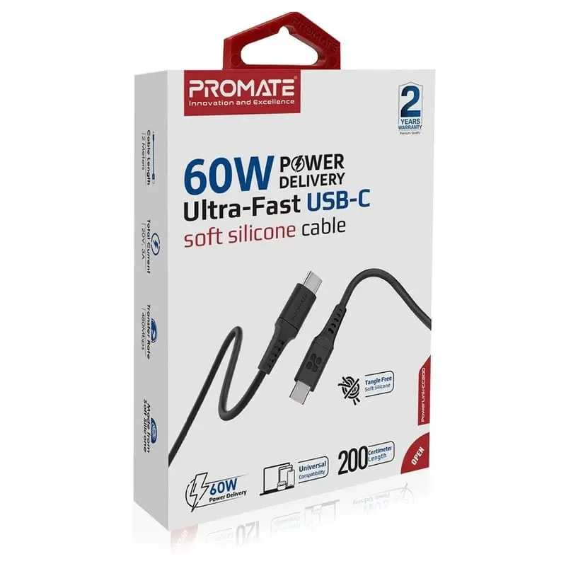 Promate 60W USB-C to USB-C Data and Charge Flexible Silicon Cable