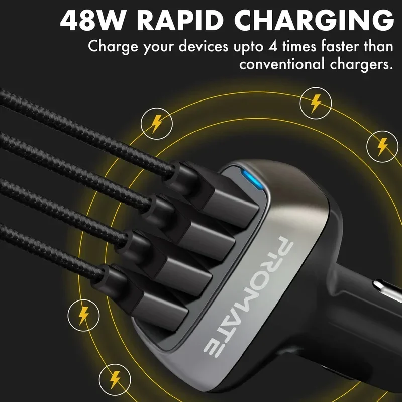 Promate 48W Fast Charging 4-Port Rapid USB Car Charger