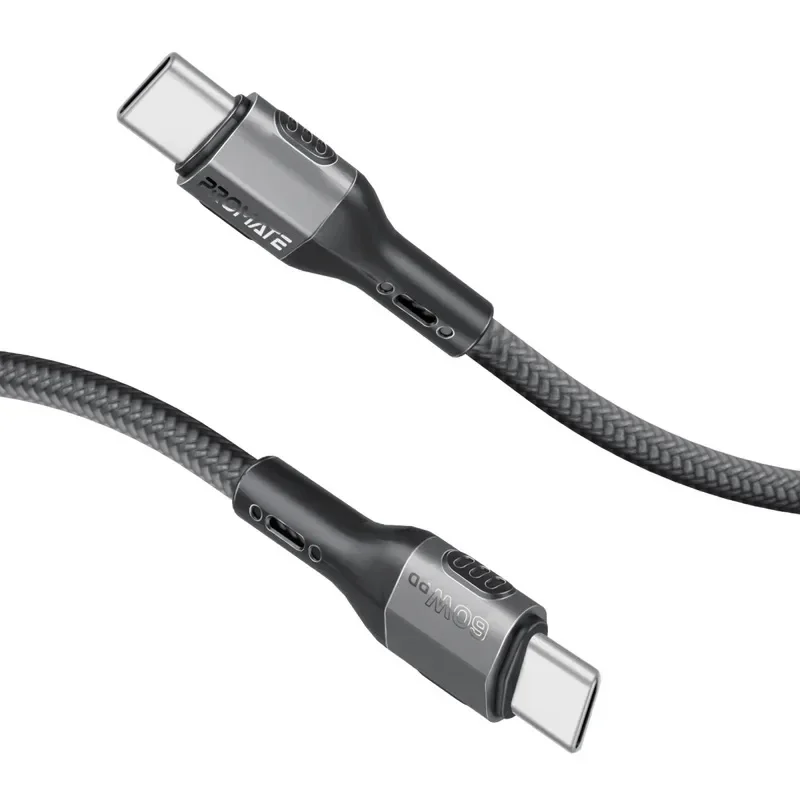 Promate 60W USB-C Cable with 10000+ Bend life, Fabric Braided