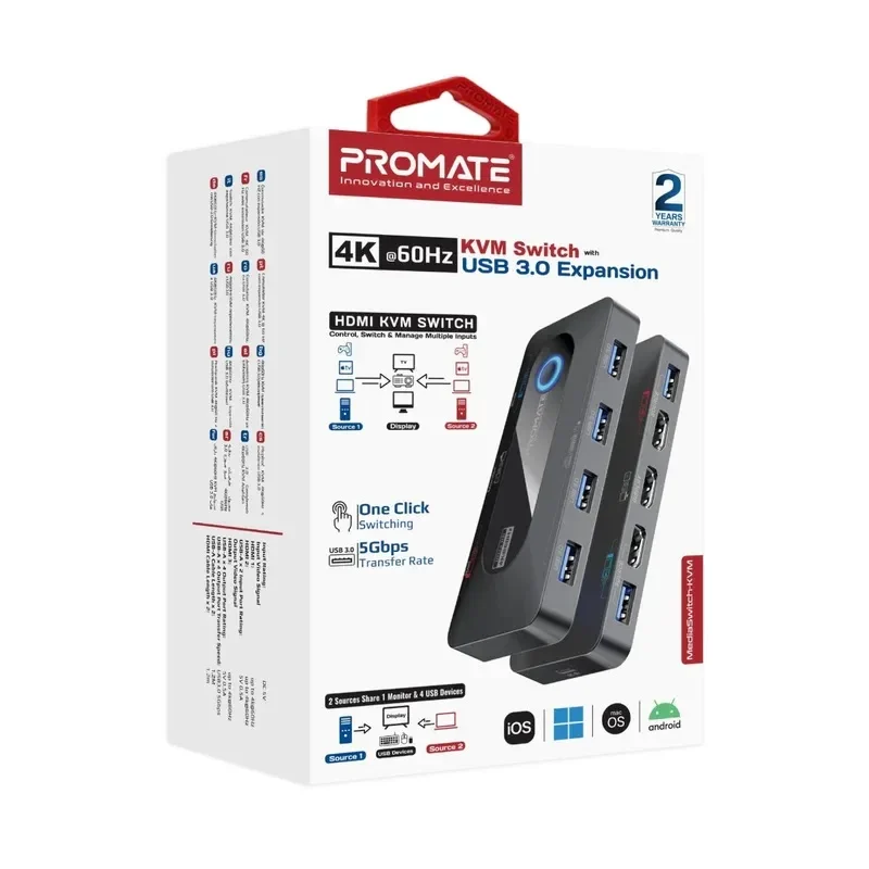 Promate 4K@60Hz KVM Switch w/ built in USB Hub, with 2 x 1.2m