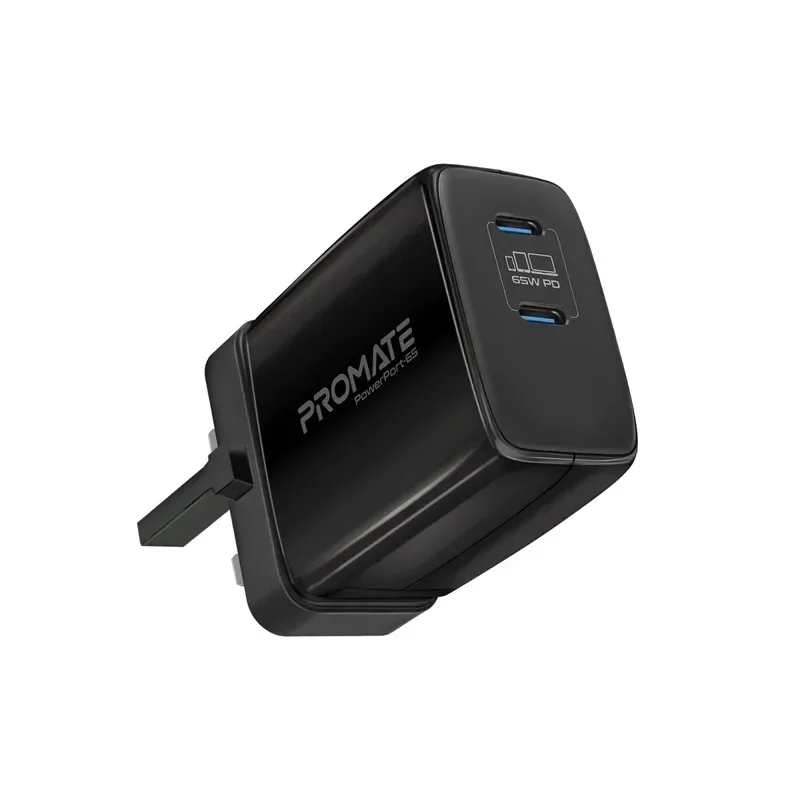 Promate 65W Dual USB-C Port GaNFast Charger