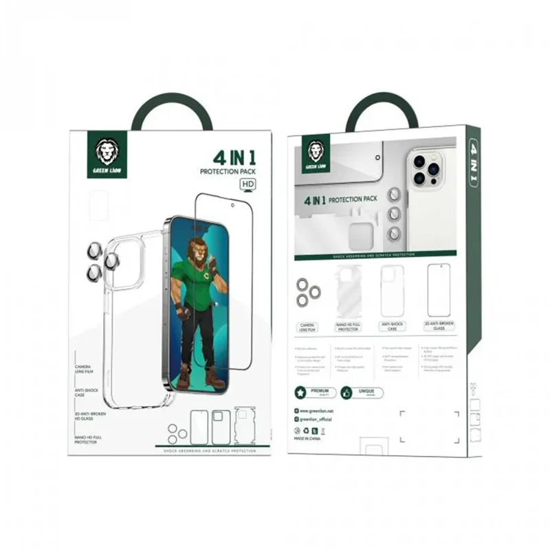 Green Lion 4 in 1 360° HD Protection Pack for iPhone 14 Pro ( 6.1″ ) – Black