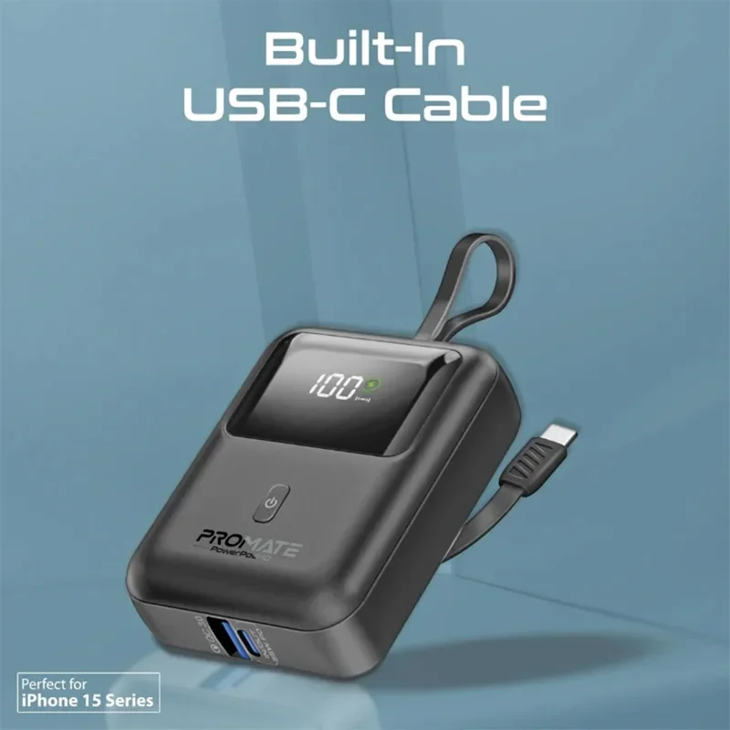 Promate 10000mAh Ultra Compact 35W SuperSpeed Power Bank with Built-In USB-C Cable – Black