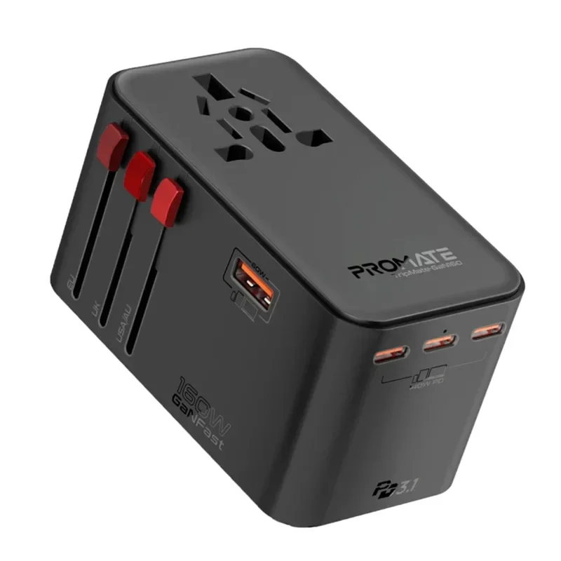 Promate 160W GaNFast Universal Travel Adapter with Multiple Ports