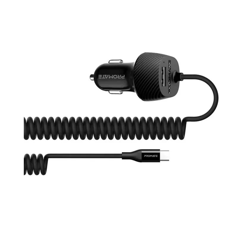 Promate 3.4A Car Charger with Lightning Coiled Cable