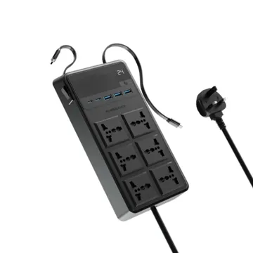 Powerology 6 AC Power Socket With PD20W & QC3.0 Port with USB-C PD20W & Light cable – Black
