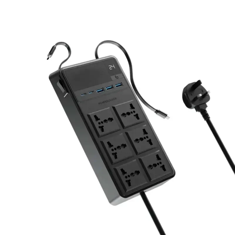 Powerology 6 AC Power Socket With PD20W & QC3.0 Port with USB-C PD20W & Light cable – Black