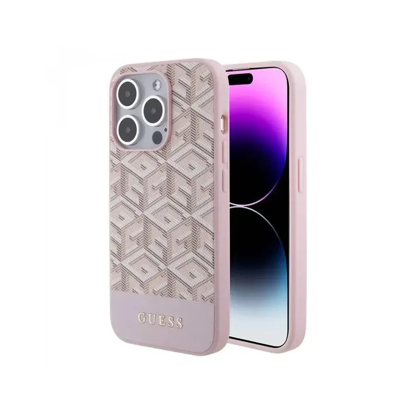 Guess Magsafe Leather Case with Gcube Stripe Pattern for iPhone 15 Promax – Pink