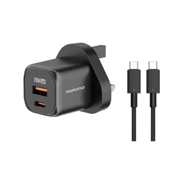 Porodo PD 20W USB QC3.0 UK Fast Charger with C to C Cable – Black