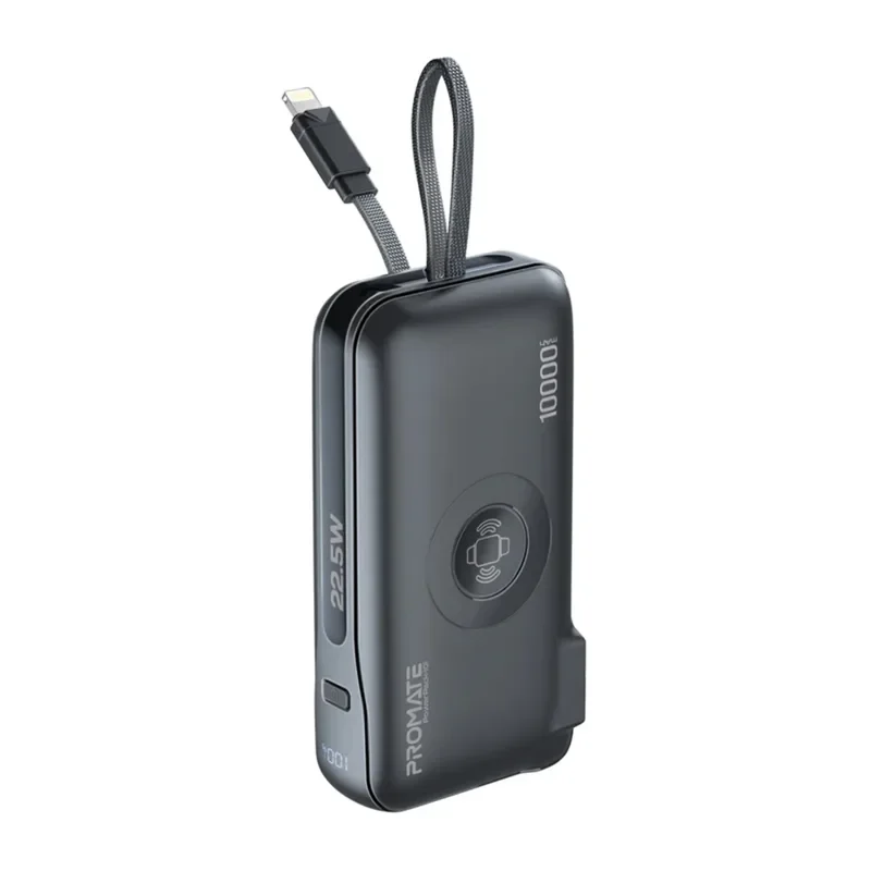 Promate 10000mAh Fast-Charging Power Bank with Apple Watch Charger and Built-In Lightning Cable