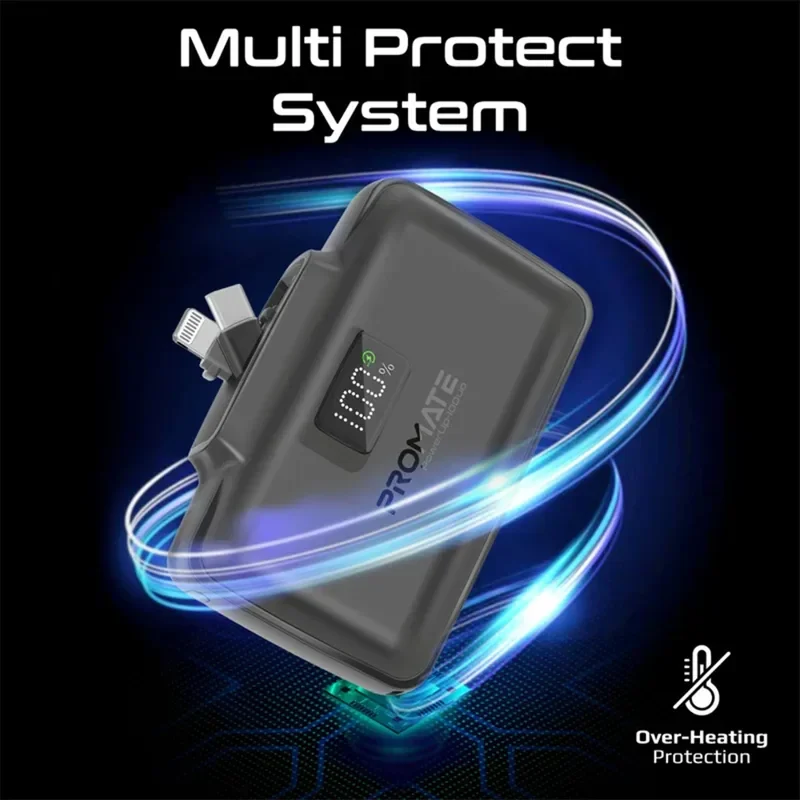 Promate 10000mAh UltraCompact Fast Charging Power Bank with Dual folding USB-C & Lightning Connector – Black