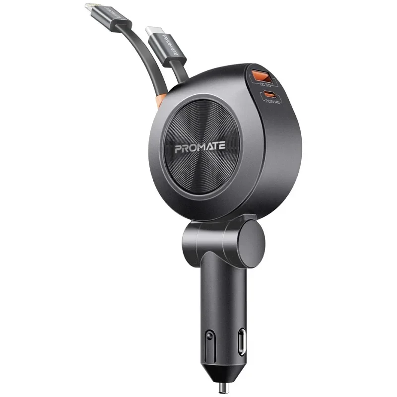 Promate 4-in-1 88W Car Charger with 2 Built-in Retractable 30W USB-C