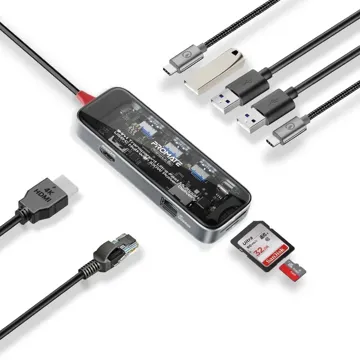 Promate 9-in-1 Transparent USB-C Hub with 100W PD Passthrough Port, HDMI, RJ45 Port, USB-A