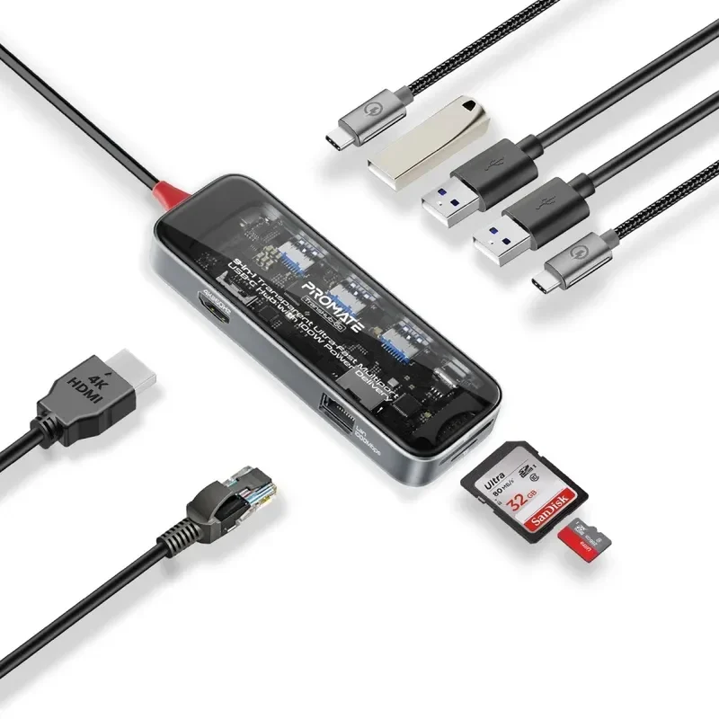Promate 9-in-1 Transparent USB-C Hub with 100W PD Passthrough Port, HDMI, RJ45 Port, USB-A