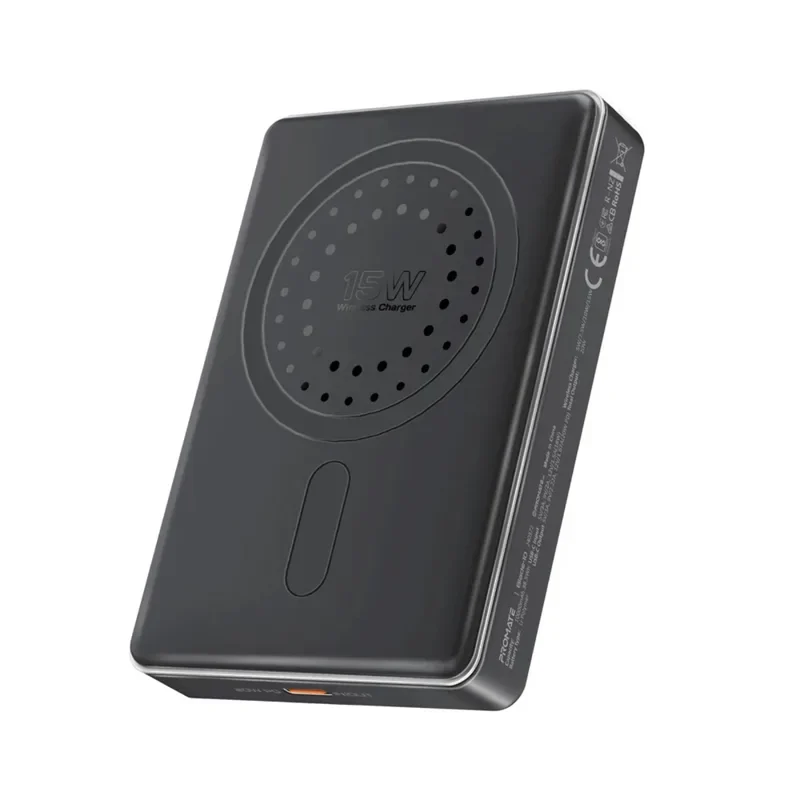 Promate 10000m Ah Ultra-Compact Aluminum Crafted MagSafe Compatible Wireles Charging PowerBank-Black