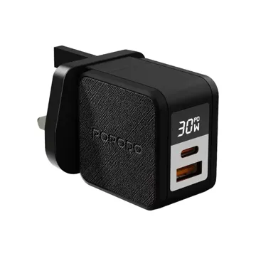 Porodo Quantum GaN 30W A+C UK GaN Charger with Digital Screen with C-C 60W 3A Braided Cable – Black