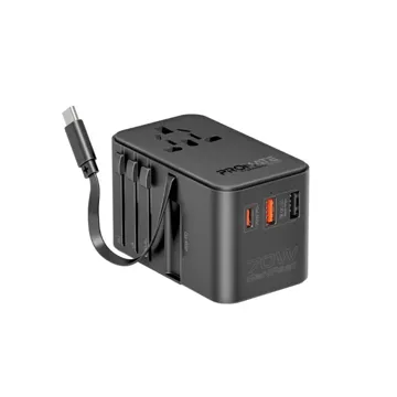 Promate 70W GaN Travel Adapter with Retractable Built-in USB-C Cable