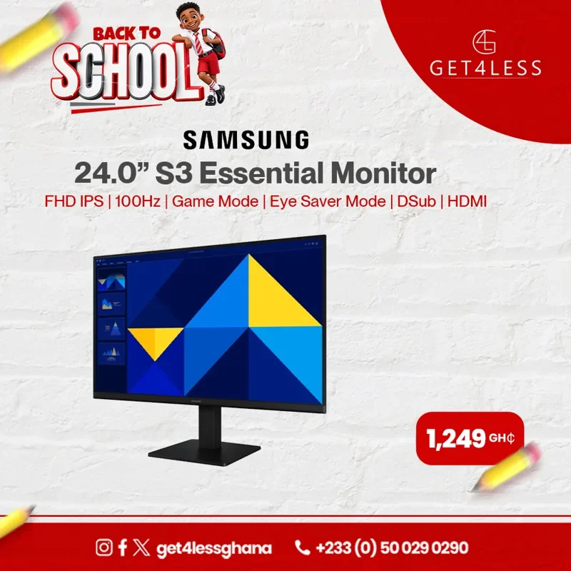 Samsung S3 S30GD Essential Monitor 24 Inch FHD IPS 100Hz Game Mode Eye Saver Mode DSub HDMI Black