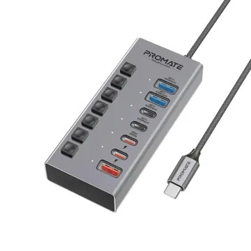Promate 7 Port 10Gbps USB-C Hub, 2 x USB-C 10Gbps port, 2 x USB-A