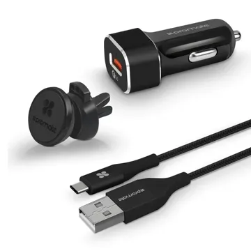 Promate QC 3.0 Car Charger with Heavy Duty Mesh Armored USB-C Cable