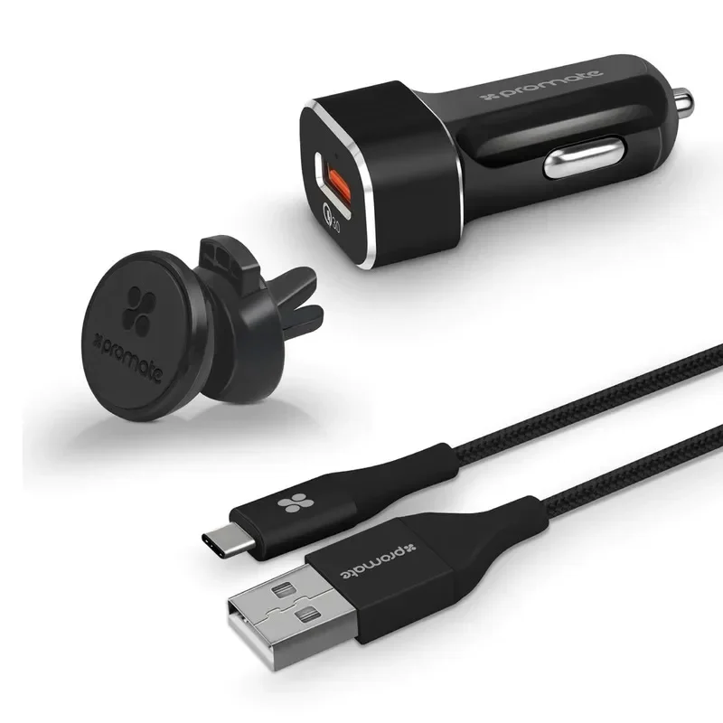 Promate QC 3.0 Car Charger with Heavy Duty Mesh Armored USB-C Cable