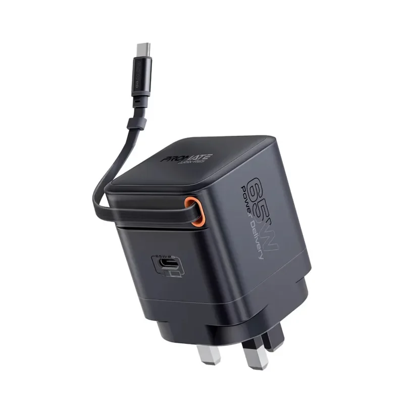 Promate 65W PD GanFast Charging Adapter with Retractable USB-C Cable