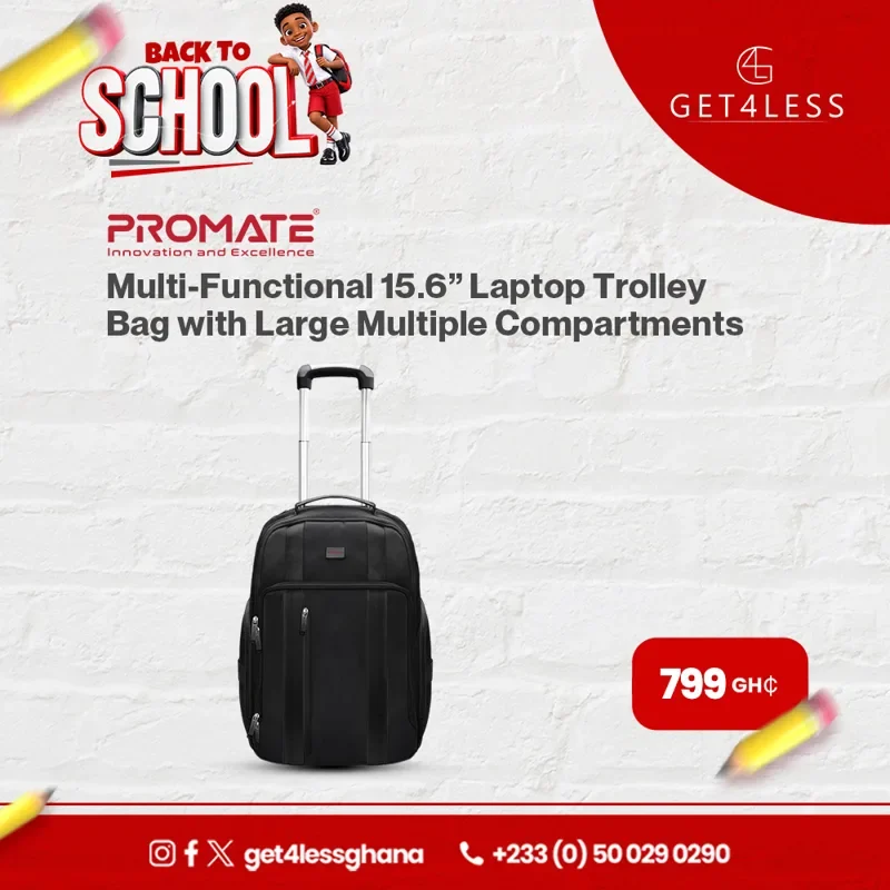 Promate Large Capacity Durable Trolley Backpack supports 15.6″ Laptops with Multiple Compartments