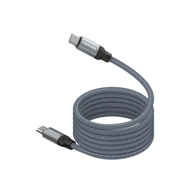Promate 60W Power Delivery Self-Organizing Magnetic USB-C Cable – Nylon Braided Design – Grey