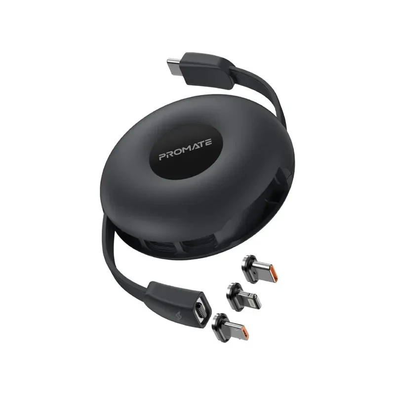 Promate 3-in-1 Auto-Recoil USB-C Cable with Magnetic USB-C