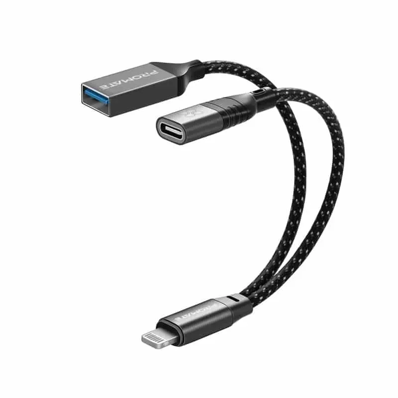 Promate 2-in-1 Lightning Connector OTG Cable with USB-A and USB-C