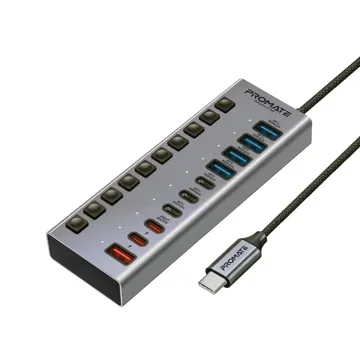 Promate 10 Port 5Gbps USB-C Hub, 4 x USB-A 5Gbps port, 3 x USB-C