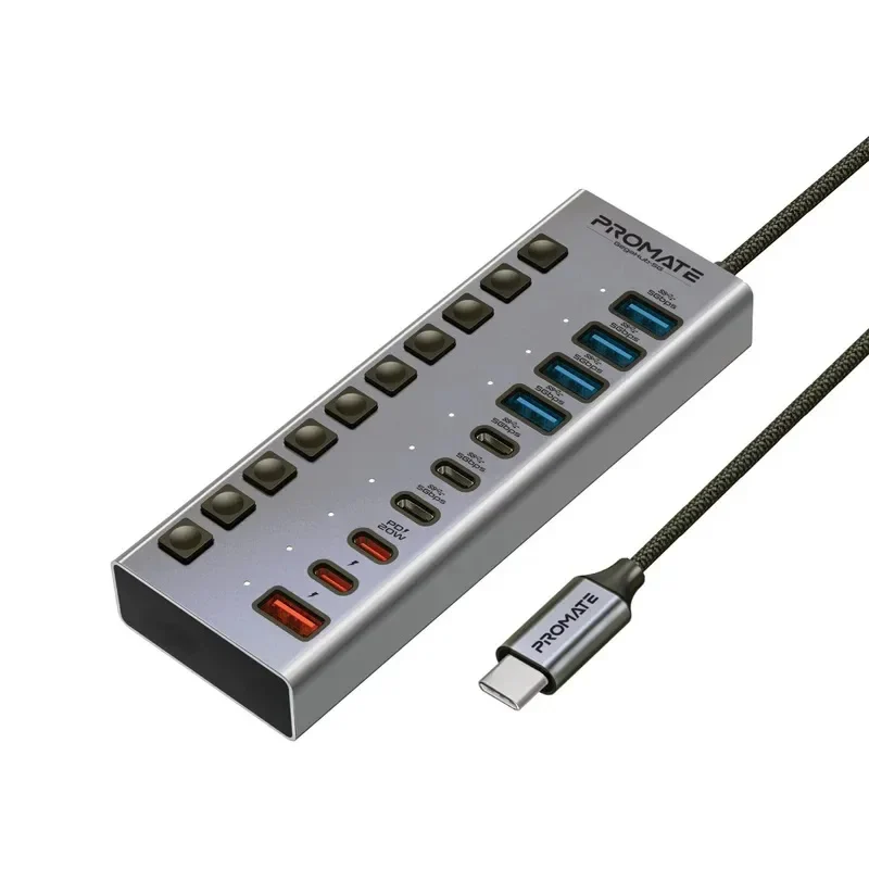 Promate 10 Port 5Gbps USB-C Hub, 4 x USB-A 5Gbps port, 3 x USB-C