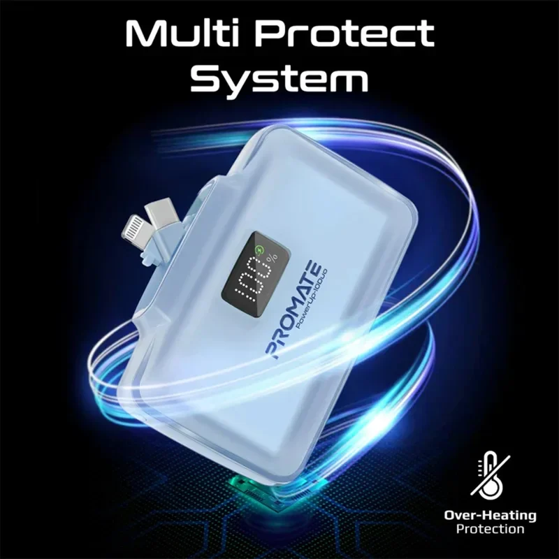Promate 10000mAh UltraCompact Fast Charging Power Bank with Dual folding USB-C & Lightning Connector – Blue