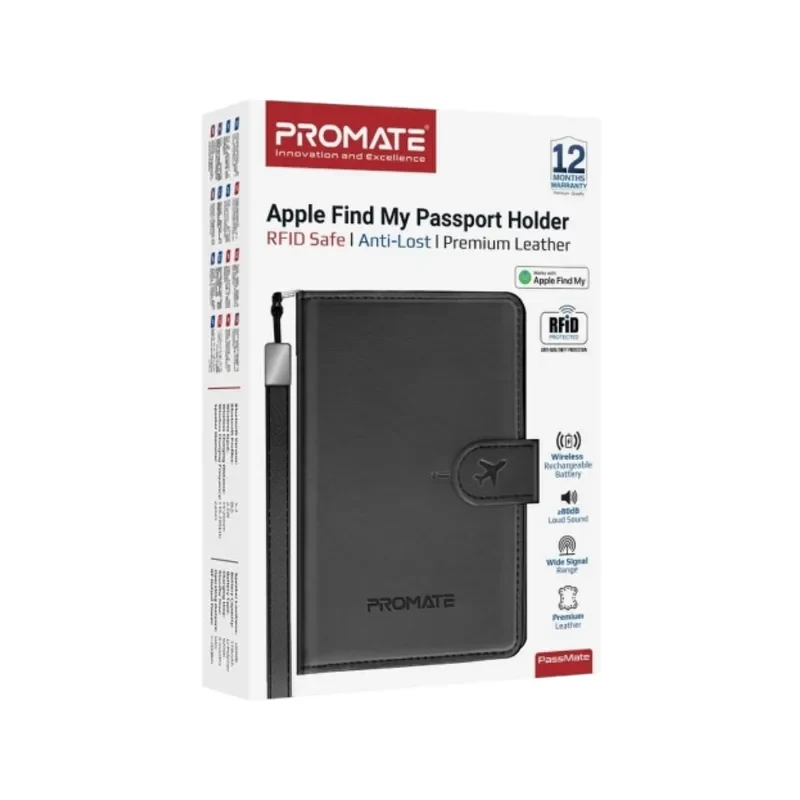 Promate Anti-Loss Slim Leather Passport Holder with RFID Protection & Smart Tracking