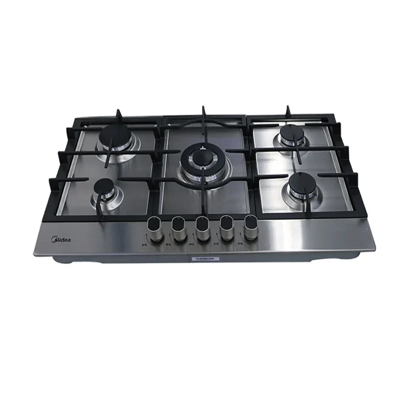 Midea Gas Cooker 5 Burner 90 cm Stainless Steel Auto Ignition, Cast Iron Pan Support
