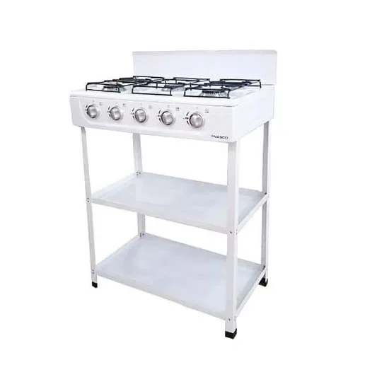 Nasco Gas Stove 5 Gas Burner 2 Shelves Stand White Colour