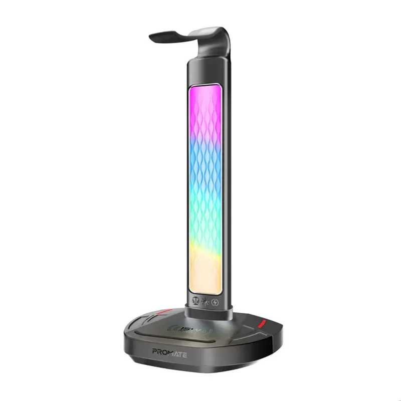 Promate Multifunctional RGB Headset Stand with 15W Wireless Charger & USB Hub