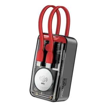 Promate 10000mAh Transparent Power bank with built-in USB-C and Lightning Cable