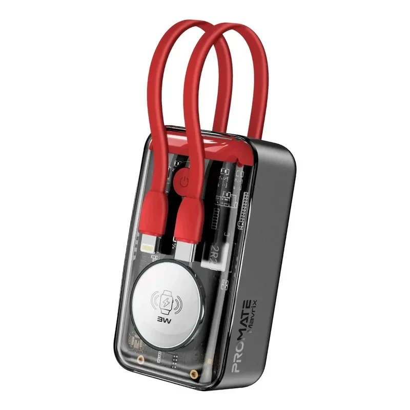 Promate 10000mAh Transparent Power bank with built-in USB-C and Lightning Cable