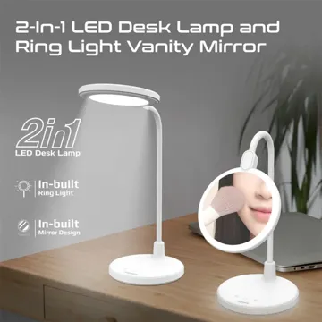 Promate Flexible Gooseneck LED Desk Lamp with Ring Light Vanity Mirror and touch controls