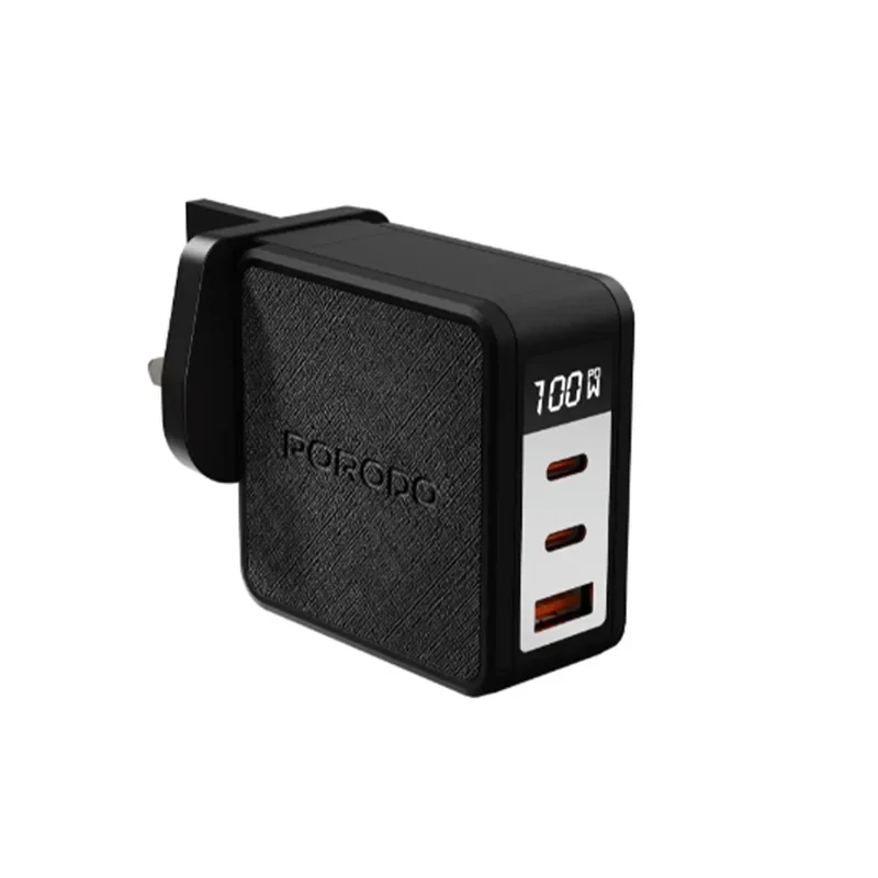 Porodo Quantum GaN 100W C+C+A UK GaN Charger with Digital Screen – Black
