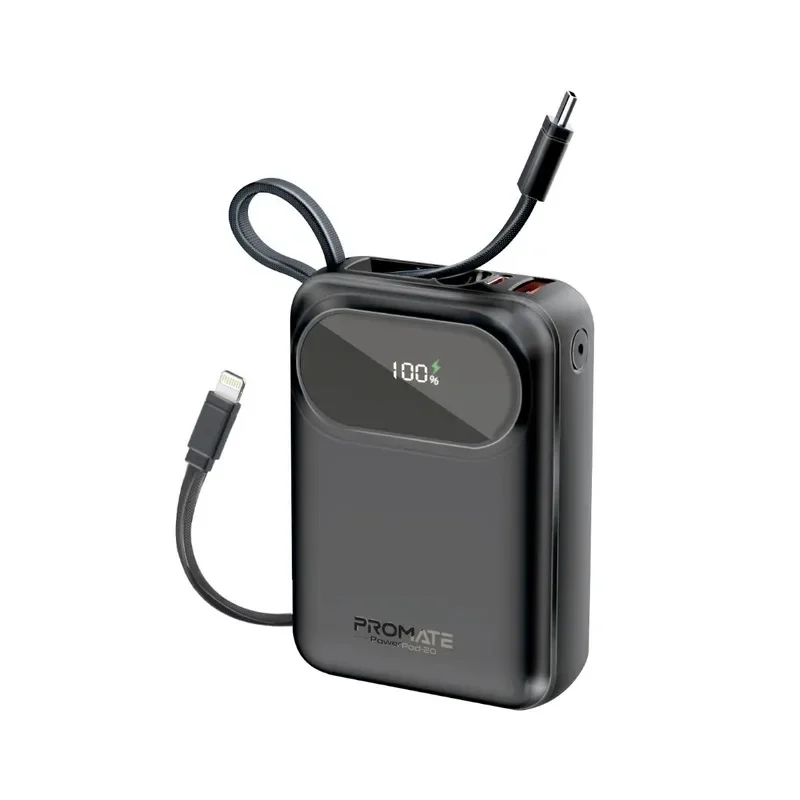 Promate 20000mAh Power Bank with Built-in USB-C & Lightning Cable, 33W PD USB-C in/out port, 20W USB-A