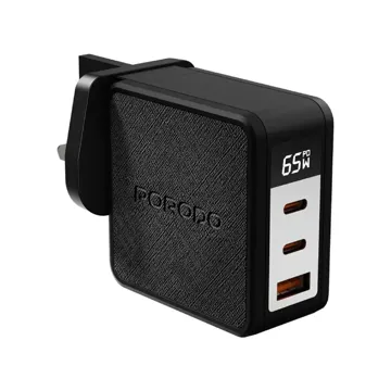 Porodo Quantum GaN 65W C+C+A UK GaN Charger with Digital Screen – Black