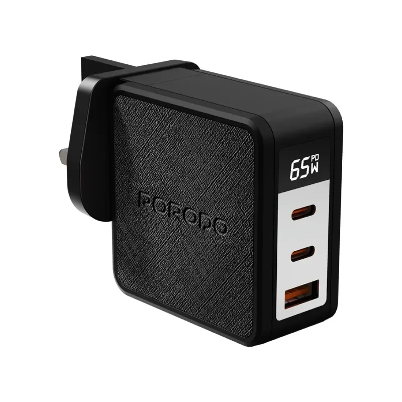 Porodo Quantum GaN 65W C+C+A UK GaN Charger with Digital Screen – Black