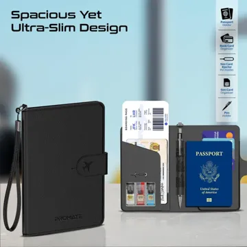 Promate Anti-Loss Slim Leather Passport Holder with RFID Protection & Smart Tracking