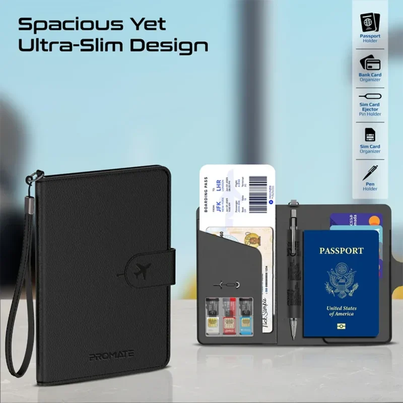 Promate Anti-Loss Slim Leather Passport Holder with RFID Protection & Smart Tracking