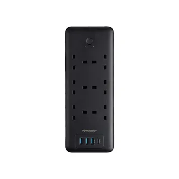 Powerology 48W 6AC 1x PD USB-C and 3x QC USB-A Power Strip UK PD 30W- Black