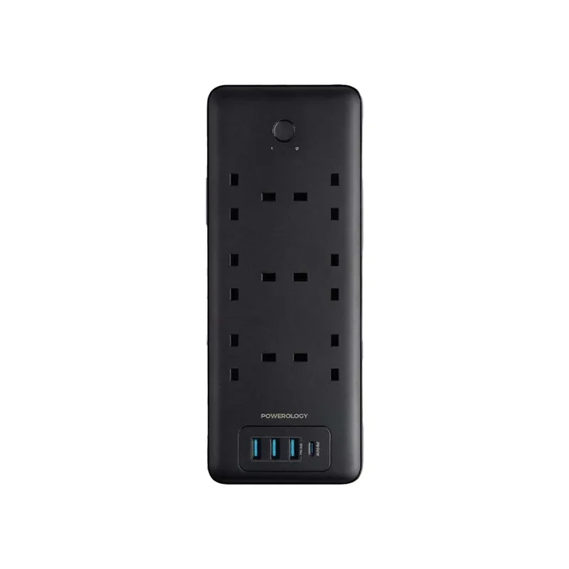 Powerology 48W 6AC 1x PD USB-C and 3x QC USB-A Power Strip UK PD 30W- Black