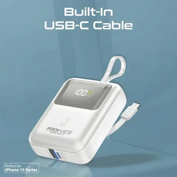 Promate 10000mAh Ultra Compact 35W SuperSpeed Power Bank with Built-In USB-C Cable – White
