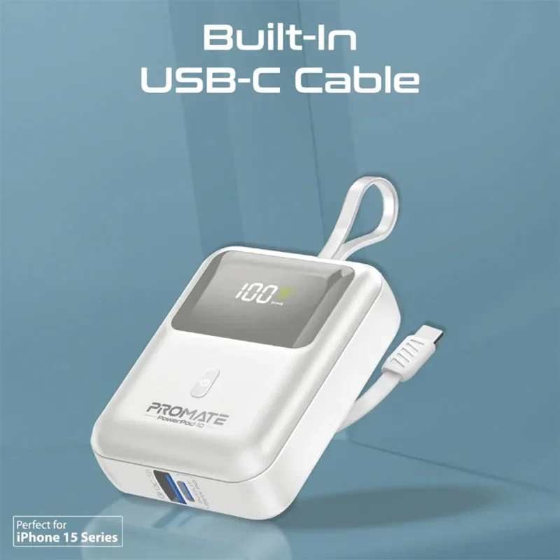 Promate 10000mAh Ultra Compact 35W SuperSpeed Power Bank with Built-In USB-C Cable – White